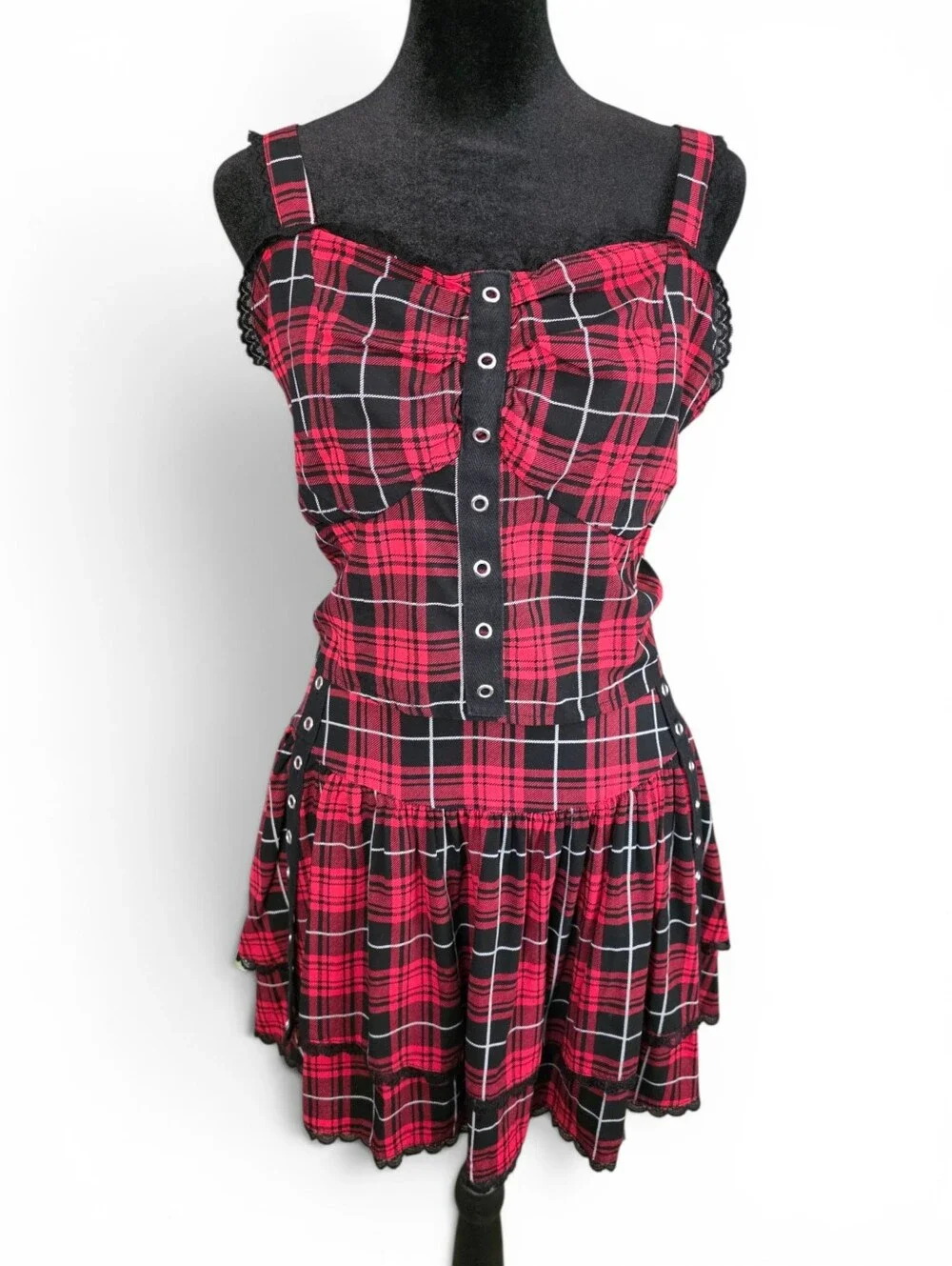 Social Collision Plaid Ruffle 2 Piece Top Skirt Set Goth Punk Grunge Y2K Medium